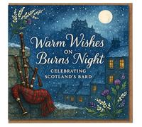 Burns Night Greeting Card - Warm Wishes on Burns Night, Celebrating Scotland's Bard, Bagpipes, Thistles & Moonlit Castle Scene