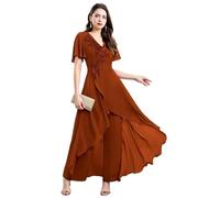 Burnt Orange 2 Pieces Chiffon Jumpsuit Mother of The Bride Pant Suits for Women Dressy - V Neck Lace Applique Short Sleeves Formal Party Prom Wedding Gust Outfits Size UK18
