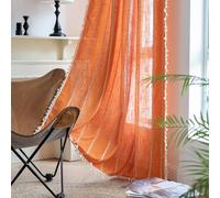 Burnt Orange Boho Curtains 2 Panels for Living Room Bedroom Semi Blackout Curtains 63 inch Long with Tassel Bohemian Farmhouse Cotton Linen Country Window Treatments Fall Halloween Decorations Indoor