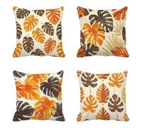 Burnt Orange Cushion Covers Leaf Pattern, Waterproof Outdoor Cushion Covers 70 x 70 cm Set of 4, Double-Sided Decorative Pillows with Invisible Zipper Design, Garden Terrace Bench Decor -HCW25065Y