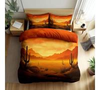 Burnt Orange Double Duvet Cover Set, Desert Sunset Natural Scenery Reversible Printed Duvet Cover 200 x 200 cm - Easy Care Quilt Covers - Soft Breathable Autumn Bedding Set for Teens Girls Boys Kids