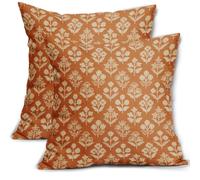 Burnt Orange Floral Block Print Pillow Covers 16x16 Inch Set of 2, Vintage Flower Pattern Decorative Throw Pillowcases Outdoor Farmhouse Cushion Covers Spring Summer Rustic Sofa Couch Bed Decor