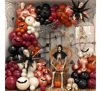 Burnt Orange Marron Halloween Balloon Arch Garland Kit, Terracotta Black Sand White and Metallic Rose Gold Balloons with 3D Bat Spider Web Decor for Halloween Birthday Baby Shower Party Decorations