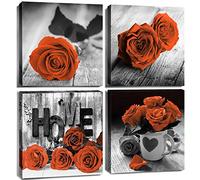 Burnt Orange Wall Art for Living Room Red Rose Pictures Couple Bedroom Wall Decor Rustic Farmhouse Flower Canvas Prints Black and White Paintings Nature Floral Posters Home Decorations 16x16” 4Pcs