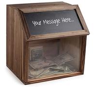Burnt Wood Suggestion and comment Ballot Box Charity Donations Collection Box Wood countertop Register tip Jar with Black Chalkboard and wide slot, lock and set of keys