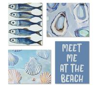 Burosev Watercolor Beach Ocean Fish Seashell Wall Art Prints Set of 4, Beach House Decor, Meet Me at the Beach Coastal Wall Art Posters for Home Kitchen Living Room, Ocean Room Decor, 8x10 Unframed