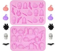 BURRSJ 2 Pack Halloween Chocolate Mould 18-Cavity Silicone Skull, Bat, Pumpkin, Witch Hat & Gravestone Mold for Gummy, Cupcake Decorations | Reusable, BPA-Free, Dishwasher Safe Baking Tools