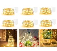 Burrsj 6 Pack Battery Fairy Lights - 2m Copper Wire, 20 LEDs Warm White | Indoor Outdoor Flexible Mini Lights for Jars, Bottles, Bedroom, Wedding Decor | Energy Class A
