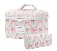 Burskit Makeup Bag, Quilted Makeup Bag, Cotton Large Travel Makeup Bag, Floral Cosmetic Bag, Travel Quilted Makeup Bag for Women, Flower Travel Toiletry Bag, Pink Bow, Travel
