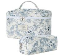 Burskit Makeup Bag, Quilted Makeup Bag, Cotton Large Travel Makeup Bag, Floral Cosmetic Bag, Travel Quilted Makeup Bag for Women, Flower Travel Toiletry Bag, Big Blue Flower, Travel
