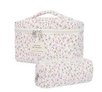 Burskit Makeup Bag, Quilted Makeup Bag, Cotton Large Travel Makeup Bags, Floral Cosmetic Bags, Travel Quilted Makeup Pouch for Women, Flower Toiletry Bag, Mini pink flower