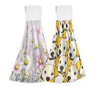 BURSTDDY Kitchen Towels Set of 2,Daisy Butterfly Cute Yellow Dogs Hanging Hand Towels with Hanging Loop,Absorbent Reusable Dish Cloth Towel for Bathroom Kitchen Decor