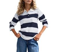 Burtell Fall Striped Polo Long Sleeve Shirts for Women Casual Button Lapel V Neck Color Block Tops Vintage Rugby Shirt Blouse