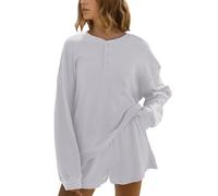Burtell Waffle Knit Lounge Set Women Fall 2 Piece Matching Short Sets Cozy Long Sleeve Oversized Sweatshirts Wide Leg Shorts, Light Grey, S