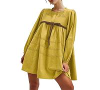 Burtell Women Flowy Long Puff Sleeve Mini Dress Casual Square Neck Lace Embroidered Babydoll Dress Bow Tie A-line Tunic Dress, Green, L