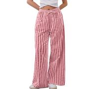 Burtell Women Loose Striped Wide Leg Pants Casual Drawstring Low Waist Pants Baggy Contrast Lounge Pants Straight Leg Trouser, Rose Pink, Large