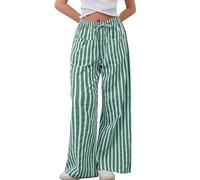 Burtell Women Loose Striped Wide Leg Pants Casual Drawstring Low Waist Pants Baggy Contrast Lounge Pants Straight Leg Trouser, Green, Large