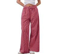 Burtell Women Loose Striped Wide Leg Pants Casual Drawstring Low Waist Pants Baggy Contrast Lounge Pants Straight Leg Trouser, Big Red, M