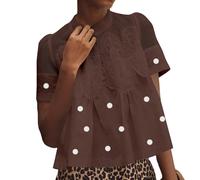 Burtell Women Swing Lace Blouse Summer Mock Neck Puff Short Sleeve Mesh Tops See Through A-Line Pleated Shirts Babydoll Top, Polka Dot Brown, L