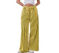 Burtell Women's Casual Pants, Yellow, M, Striped Wide Leg, Low Waist, Baggy Contrast Lounge, Palazzo, 100% Polyester