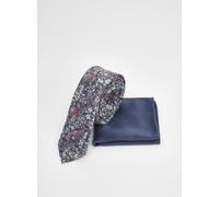 BURTON Navy Floral Print Tie and Plain Pocket Square One Size