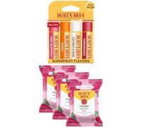 Burt's Bees Bundle - Grapefruit, Mango, Coconut & Pear, Pomegranate 4Tubes, 0.15 oz+Rose Water Face Wipes, 30 Ct 3Pack (Rose Water + Lip Balm Bundle)