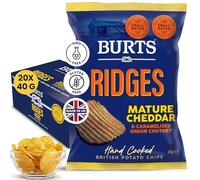 Burts Ridges Mature Cheddar and Caramelised Onion Chutney Hand Cooked Crisps, 20 x 40g - Premium Potato Snack - Gluten-Free Crisps for Health-Conscious Snackers and Snack Enthusiasts