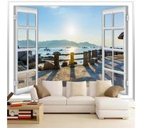 BURUNG Early Morning Beach Wall Mural Romantic Ocean Scenery Fake Window Wallpaper, Decoration for Living Room Bedroom Bathroom Landscape Wall Decor Non-self-Adhesive 140x100cm