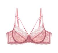 BURUVO Sexy lace Bra Plus Size no Steel Ring Strappy Ladies Bra Summer E Cup Transparent Pink 40B