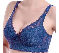 BURUVO Women's Lace Floral Sexy Bra Thin Cotton Bra Deep V Large Size Thickening Gathering Bra deep Blue 44C