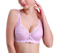 BURUVO Women's Lace Floral Sexy Bra Thin Cotton Bra Deep V Large Size Thickening Gathering Bra Rosa 44B