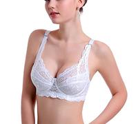 BURUVO Women's Lace Floral Sexy Bra Thin Cotton Bra Deep V Large Size Thickening Gathering Bra White 38C