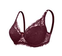BURUVO Women's Plunge Lace Bra Plus Size Sexy See Through Underwired Non Padded Steel Rings Bra Burgundy 34D