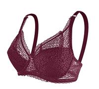 BURUVO Women's Plunge Lace Bra Plus Size Sexy See Through Underwired Non Padded Steel Rings Bra Burgundy 38C