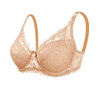 BURUVO Women's Plunge Lace Bra Plus Size Sexy See Through Underwired Non Padded Steel Rings Bra Nude 42C