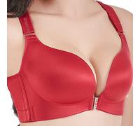 BURUVO Women's Ultra-Thin Non-Steel Ring Front Buckle Seamless Large Size Fat mm Sexy Back Bra Gathering Type Bra Red 38C