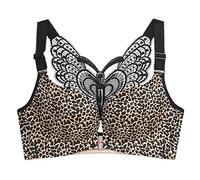 BURUVO Women's Ultra-Thin Non-Steel Ring Front Buckle Seamless Large Size Fat mm Sexy Back Bra Gathering Type Bra Gold Leopard Print 36E