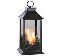 28cm Christmas Lantern With 3 Flickering LED Electric Candles - Warm White Glow Black Tall Square Frosted Snowy Pine Needles Red Berries