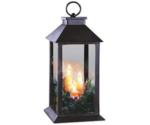 Burwells 28cm Christmas Lantern With 3 Flickering LED Electric Candles - Warm White Glow Black Tall Square Frosted Snowy Pine Needles Red Berries