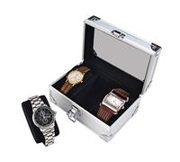 Burwells Mens Aluminium Watch Case - Metal Hard Shell Wristwatch Storage Holder Protector with 3 Lined Compartments, Pull-Out Cushions, Clear Lid & Clasp Closure - Holds 3 Watches, H8 x W17 x D11cm