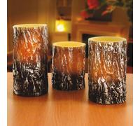 Burwells Set of 3 Woodland Bark-Effect Real Wax LED Candles - Battery Powered Faux Flameless Flickering Electronic Tree Trunk Design Pillar Candle Lights, Indoor Home Lighting Decoration - H10-15cm