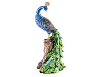 Burwells Solar Peacock Ornament - Solar Powered Weatherproof Polyresin Hand Painted Outdoor Garden Decoration with Red LED Lights in Tail Feathers - H48cm x W21cm x D18cm