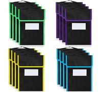 Buryeah 16 Pcs Large Book Pouch Nylon Fabric Book Bag with Stitched on Handle and Clear Name Tag Pocket Neon Color Trim Black Reading Bag for Classroom Student Homework Reading Supply, 15 x 12 Inch