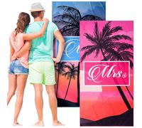 Buryeah 2 Pcs Mr and Mrs Beach Towel Wedding Beach Towels for Bride and Groom Just Married 71 x 35 Inch Hubby and Wife Summer Towel Set Newlywed Couple Wedding Honeymoon Travel Gifts (Stylish Style)