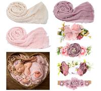 Buryeah 7 Pieces Baby Photo Shooting Props Set Includes 3 Pieces 170 x 80 cm Newborn Photography Props, 4 Pieces Baby Flower Headband, Baby Photo Props for Babies, Boys, Girls