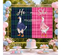 Buryeah He or She Gender Reveal Backdrop, 7x5ft, Blue and Pink Plaid Goose Baby Shower Backdrop Banner, Rustic Farmhouse Gender Reveal Party Decorations, Boy or Girl Photo Booth Background Supplies