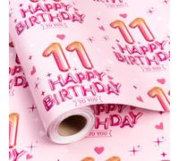 Burymento 11th Birthday Wrapping Paper for Girls, 17 in x 16.4 ft Mini Roll | Pink Glitter 11 Balloon Design, Double Digits 11 Year Old Girl Happy Birthday Gift Wrap for Girls Bday, Baby Shower, Party