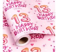 Burymento 13th Birthday Wrapping Paper for Girls, 17 in x 16.4 ft Mini Roll | Pink Glitter 13 Balloon Design, Double Digits 13 Year Old Girl Happy Birthday Gift Wrap for Girls Bday, Baby Shower, Party