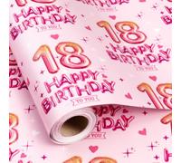 Burymento 18th Birthday Wrapping Paper for Girls, 17 in x 16.4 ft Mini Roll | Pink Glitter 18 Balloon Design, Double Digits 18 Year Old Girl Happy Birthday Gift Wrap for Girls Bday, Baby Shower, Party