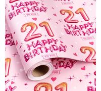 Burymento 21th Birthday Wrapping Paper for Girls, 17 in x 16.4 ft Mini Roll | Pink Glitter 21 Balloon Design, Double Digits 18 Year Old Girl Happy Birthday Gift Wrap for Girls Bday, Baby Shower, Party